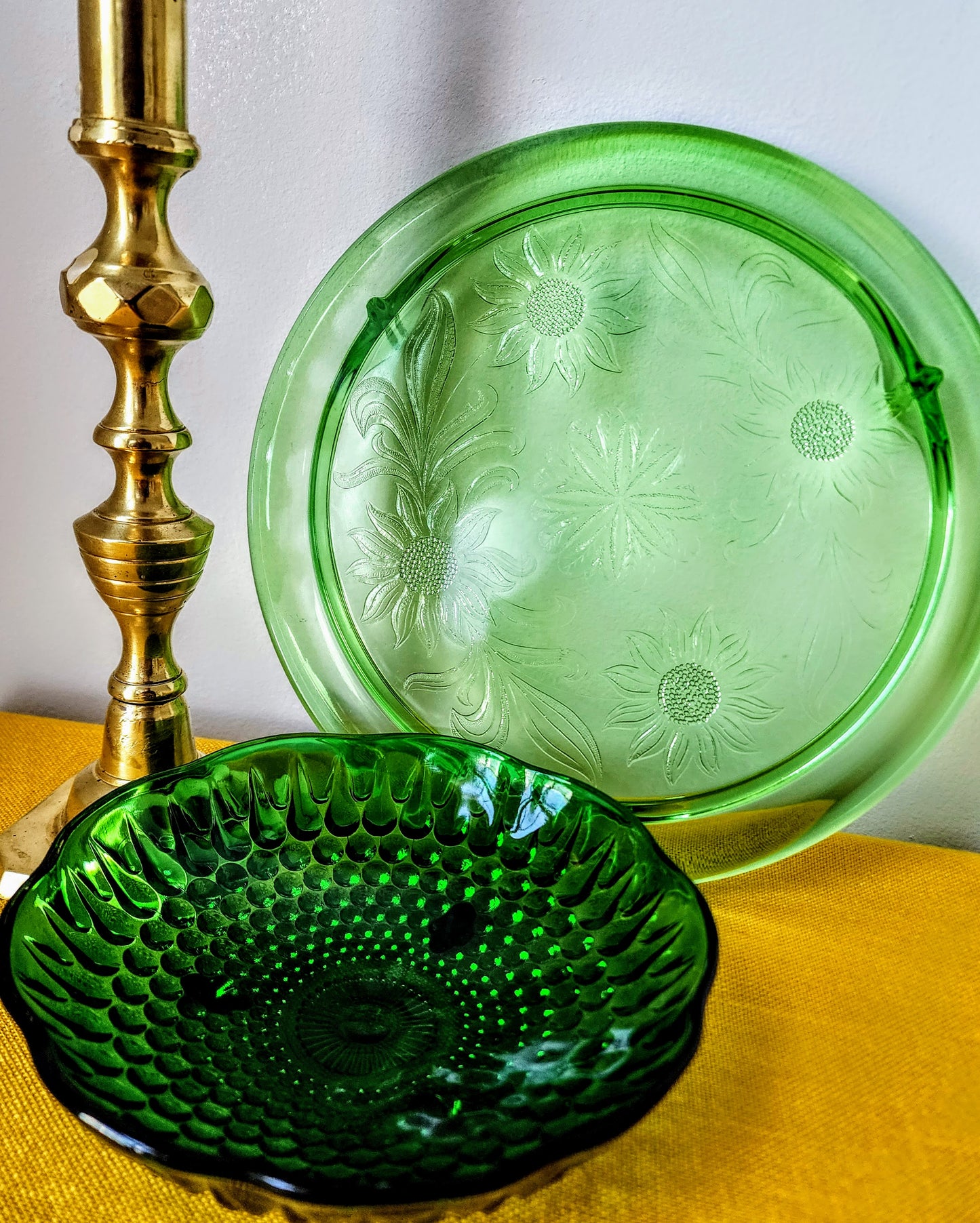 1930s Daisy Print Uranium Glass Green Cake Plate