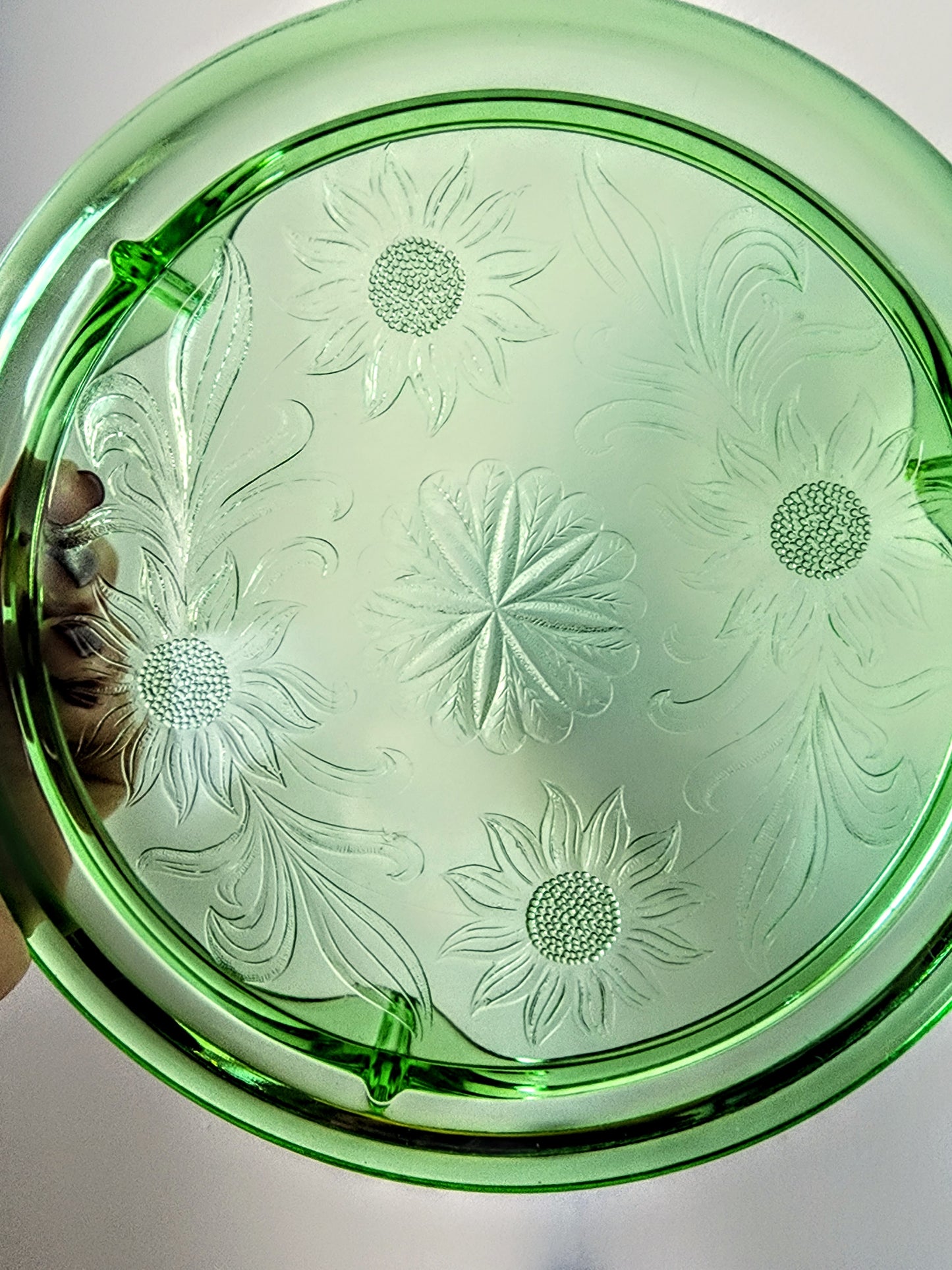 1930s Daisy Print Uranium Glass Green Cake Plate