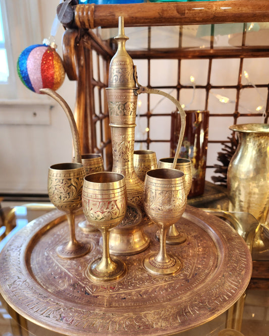 Brass Etched Middle Eastern Ewer Pitcher and Goblets