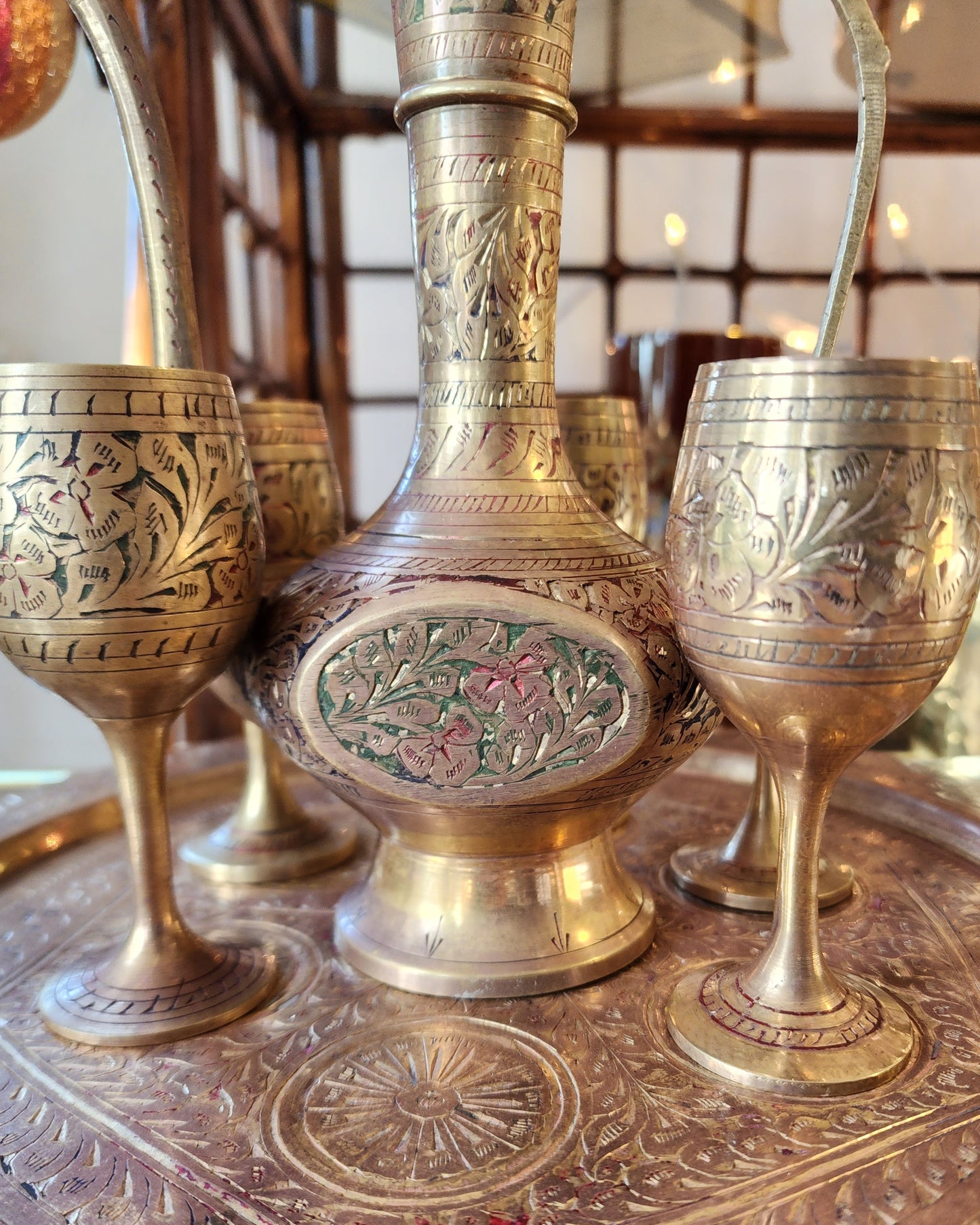 Brass Etched Middle Eastern Ewer Pitcher and Goblets