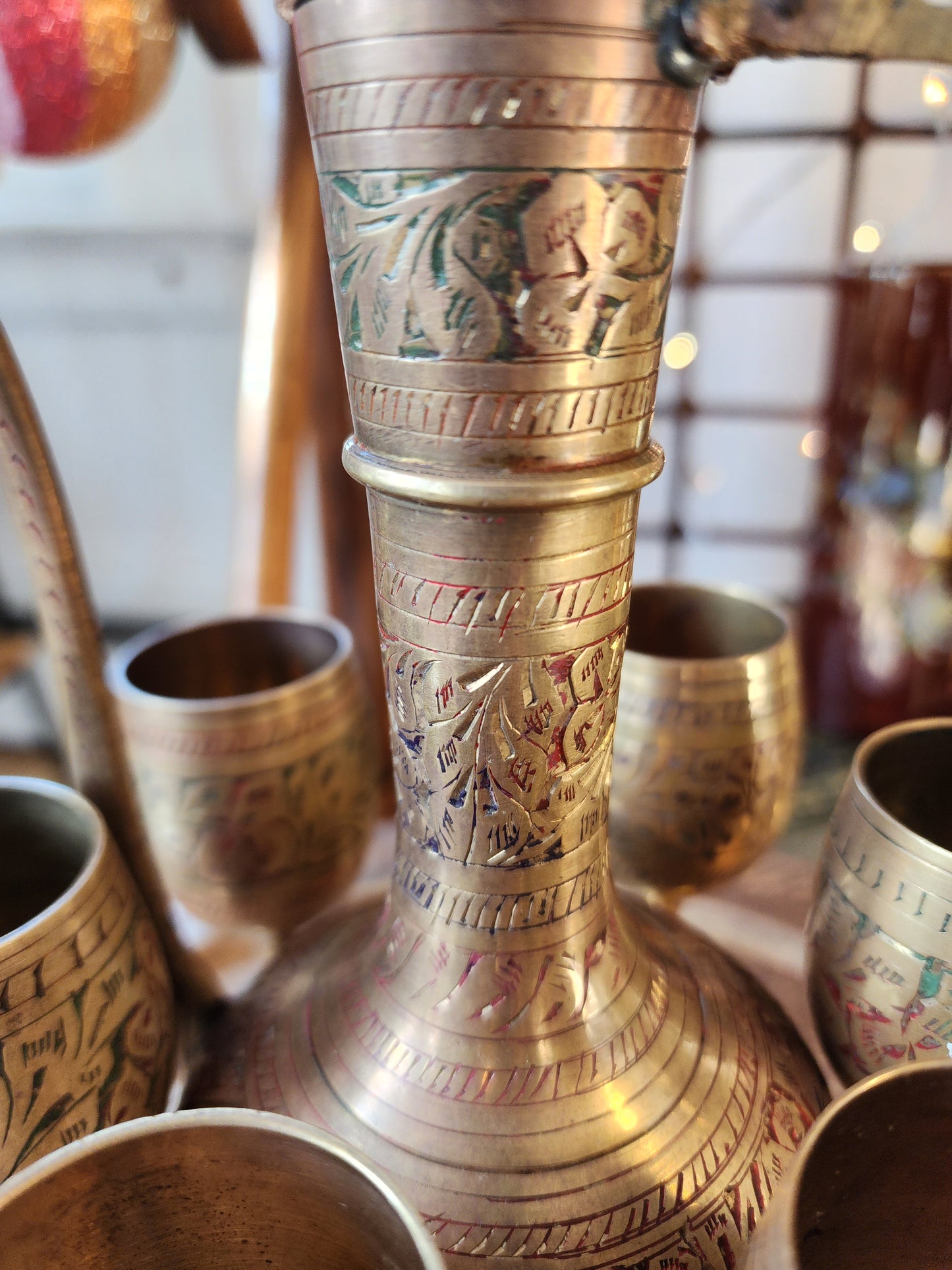 Brass Etched Middle Eastern Ewer Pitcher and Goblets