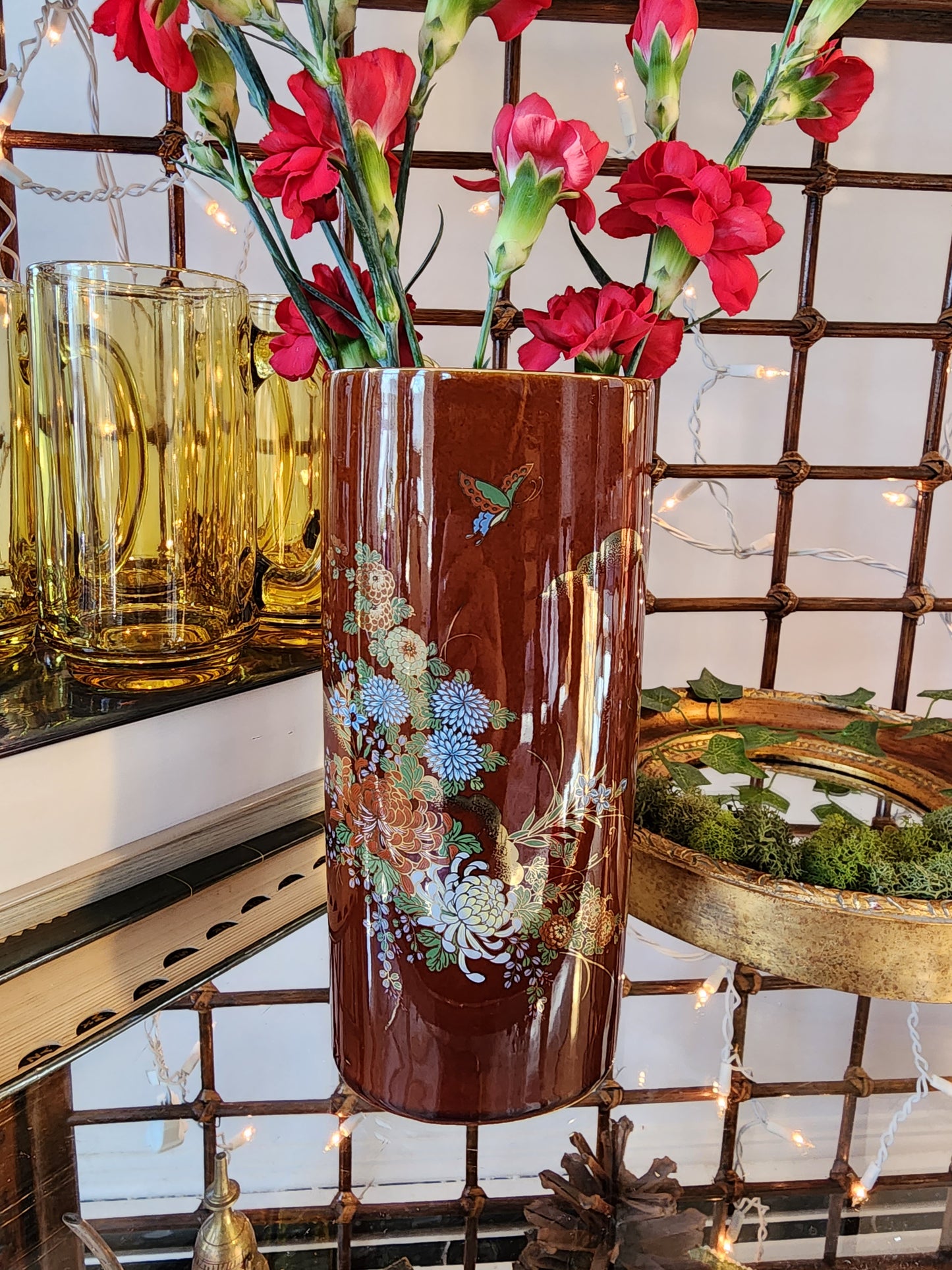 Vintage Brown Floral Japanese Hand Painted Vase with Gold Accents