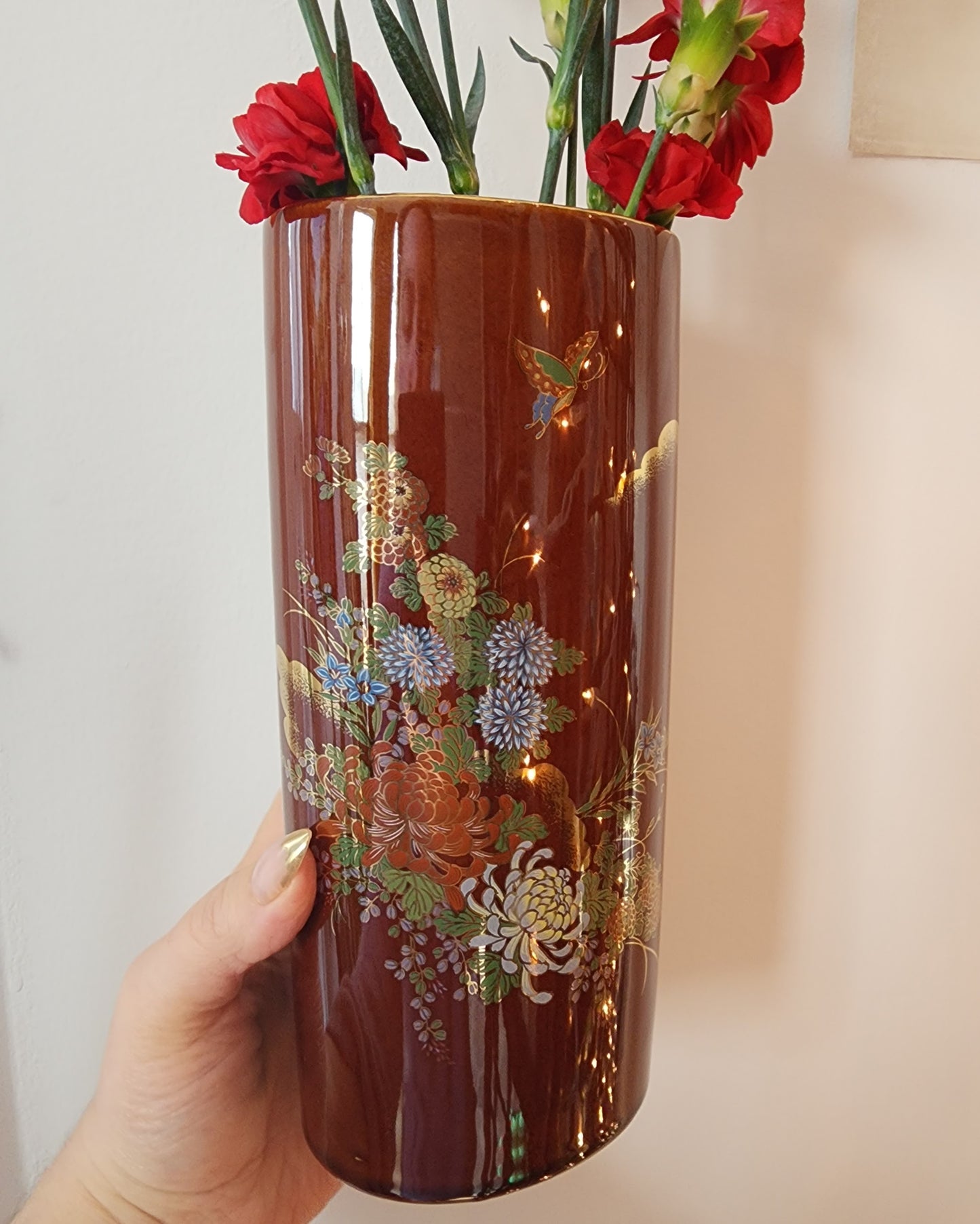 Vintage Brown Floral Japanese Hand Painted Vase with Gold Accents