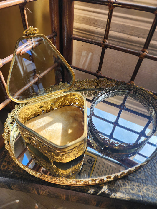 Small Vintage Filagree Vanity Mirror Tray