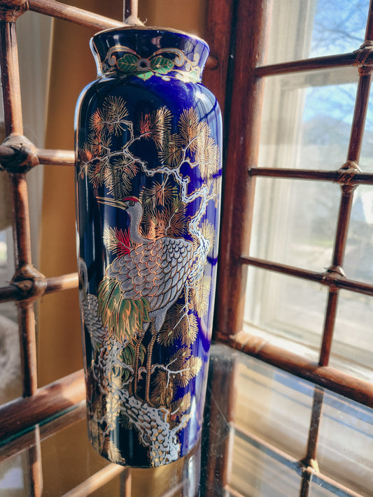 Vintage Mid-century Japanese Cobalt Guilded Crane Vase