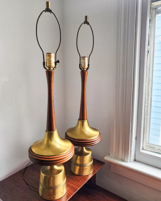 Atomic MCM Walnut and Brass Table Lamps