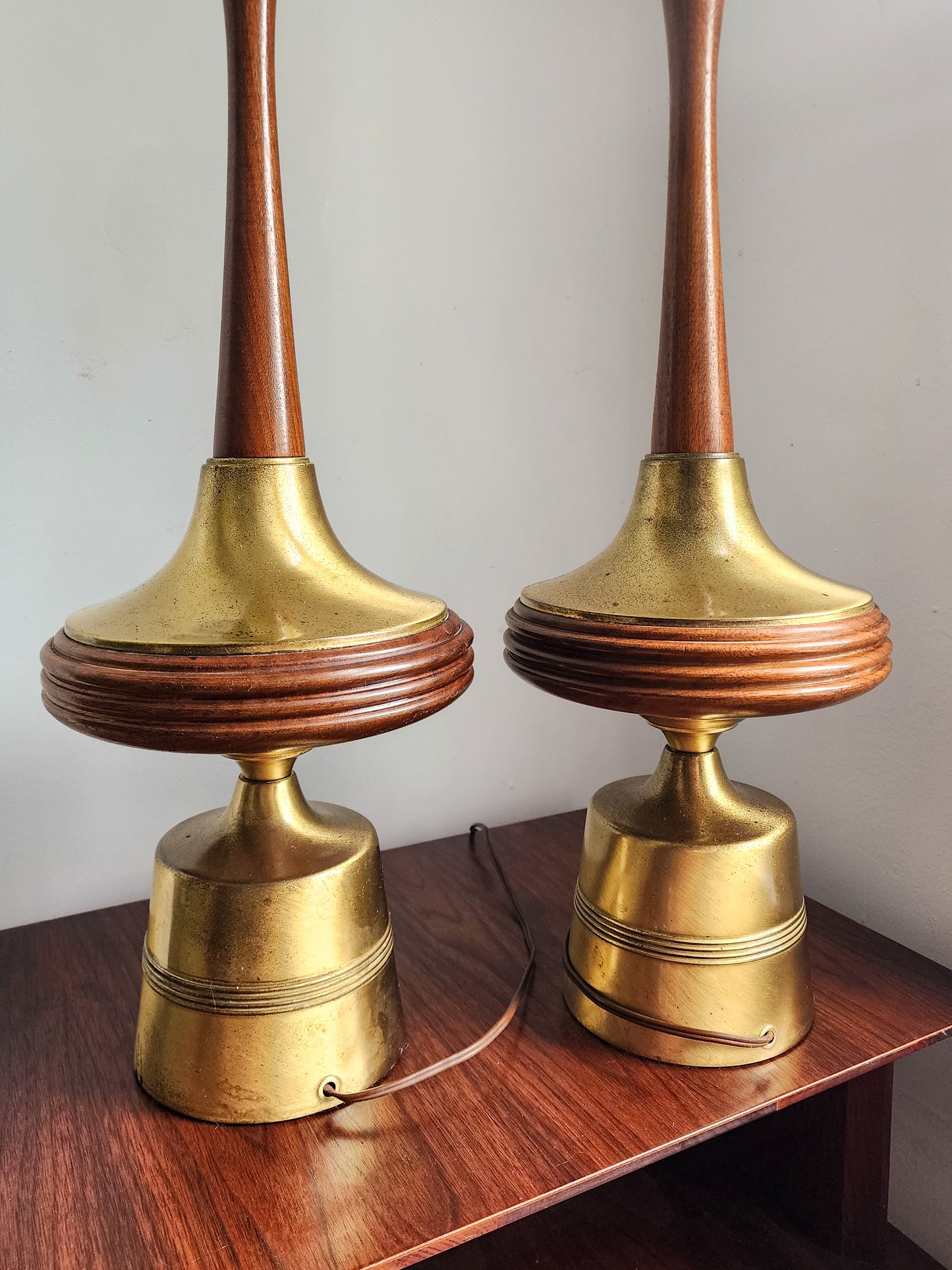 Atomic MCM Walnut and Brass Table Lamps