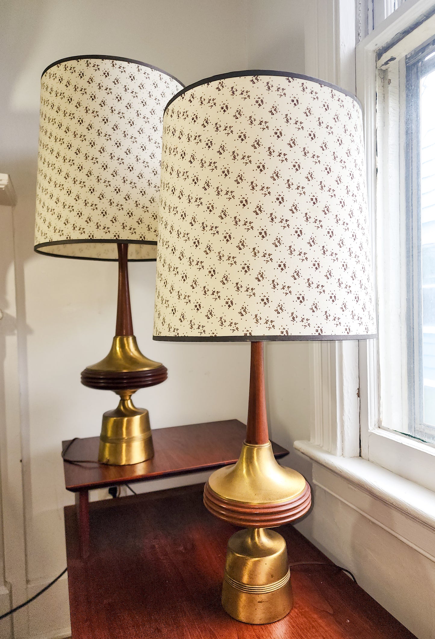 Atomic MCM Walnut and Brass Table Lamps