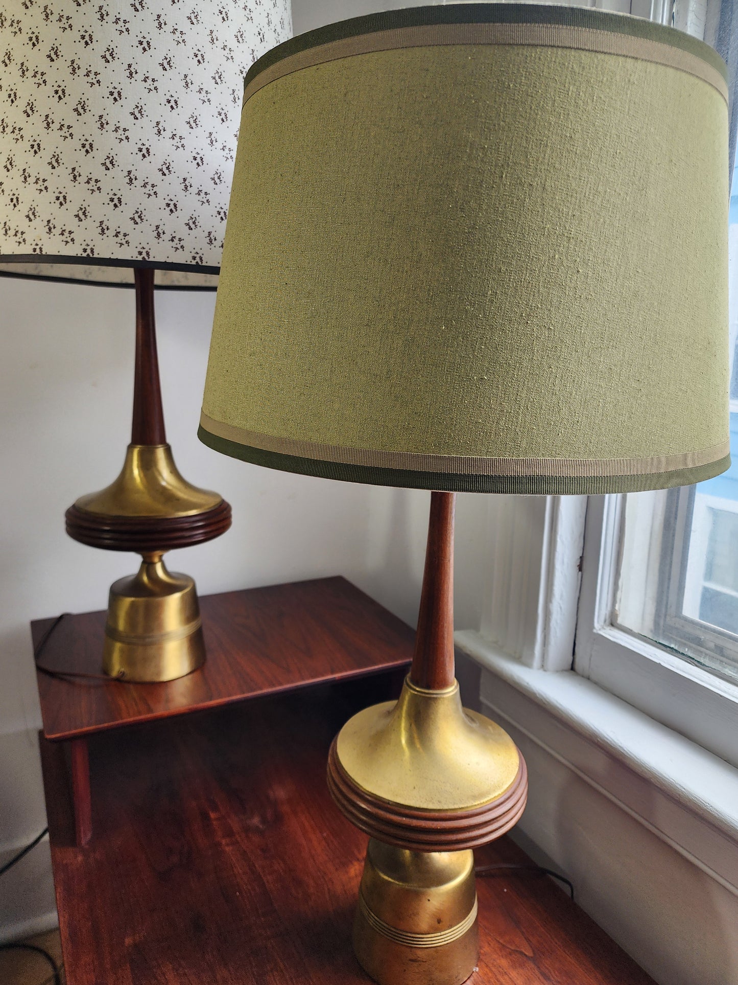 Atomic MCM Walnut and Brass Table Lamps