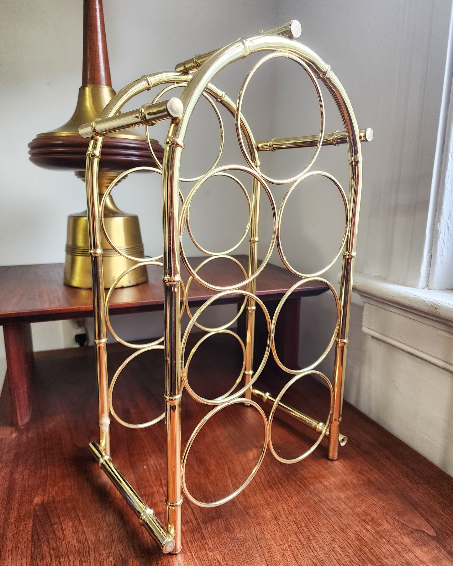 1970s Vintage Hollywood Regency Faux Brass "Bamboo" Wine Rack