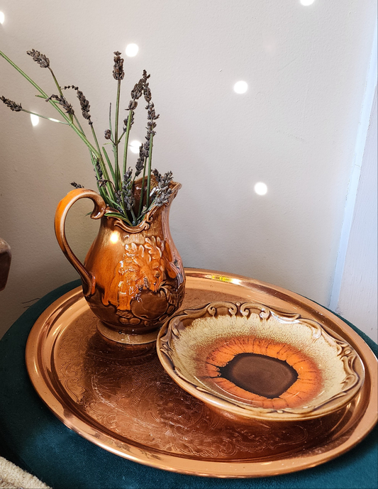 Vintage Majolica Autumnal Pitcher and Dish