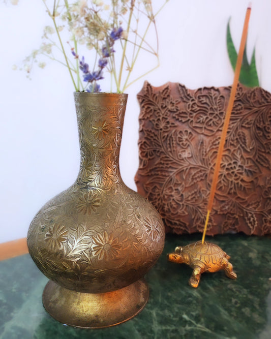 Hand etched Vintage Solid Brass Bud Vase