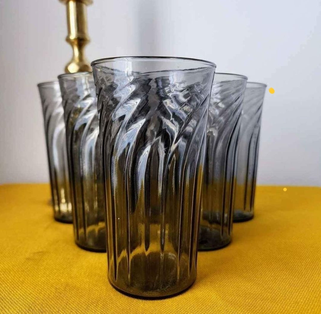 1970s Vintage Anchor Hocking MCM Smokey Gray Swirl Glasses