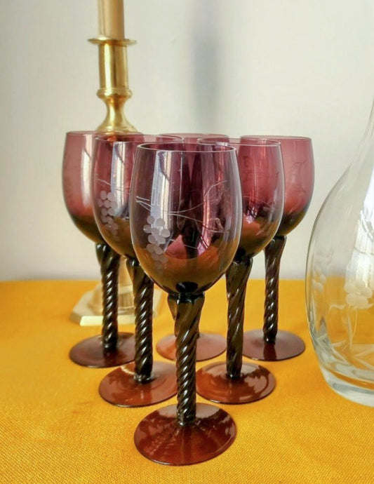 Vintage Handblown Etched Amethyst Wine Glasses