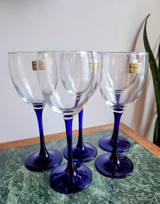 Vintage Luminarc Cobalt Blue Stemmed Wine Glasses (5