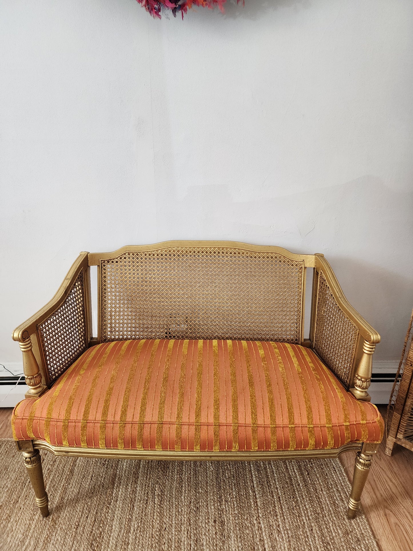 Vintage Neoclassical Style Orange Sherbet Caneback Settee