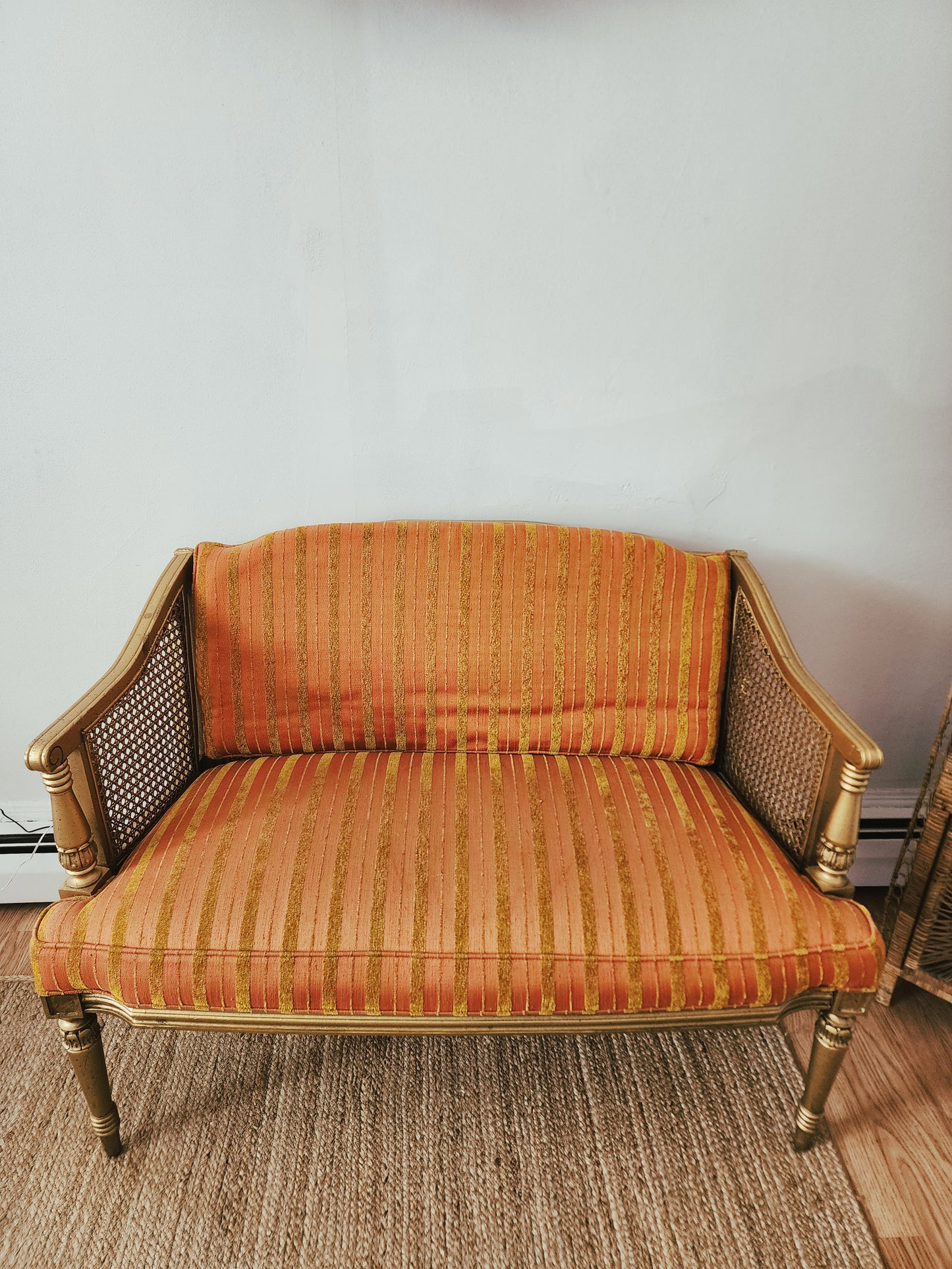 Vintage Neoclassical Style Orange Sherbet Caneback Settee