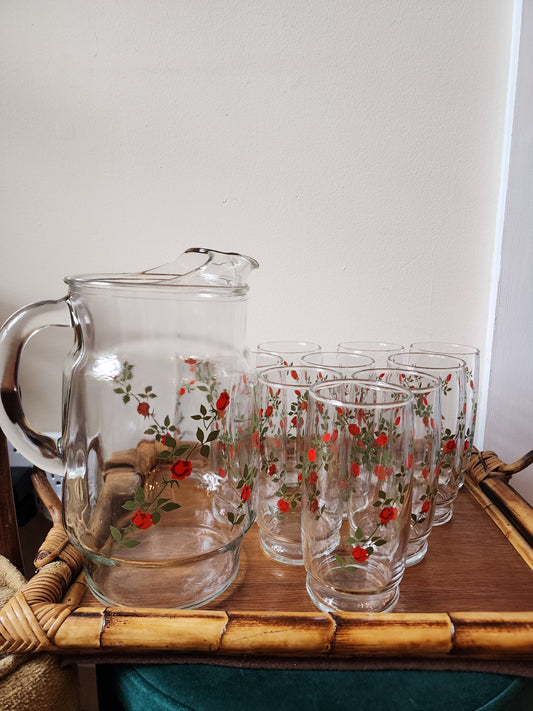 MCM Anchor Hocking Red Roses Pitcher with Tumbler Glasses (10)