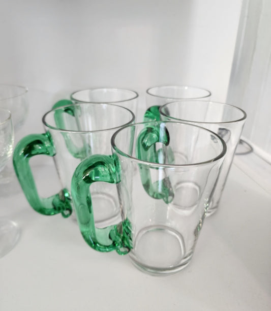 Vintage Glass Coffee Mugs with Green Handles